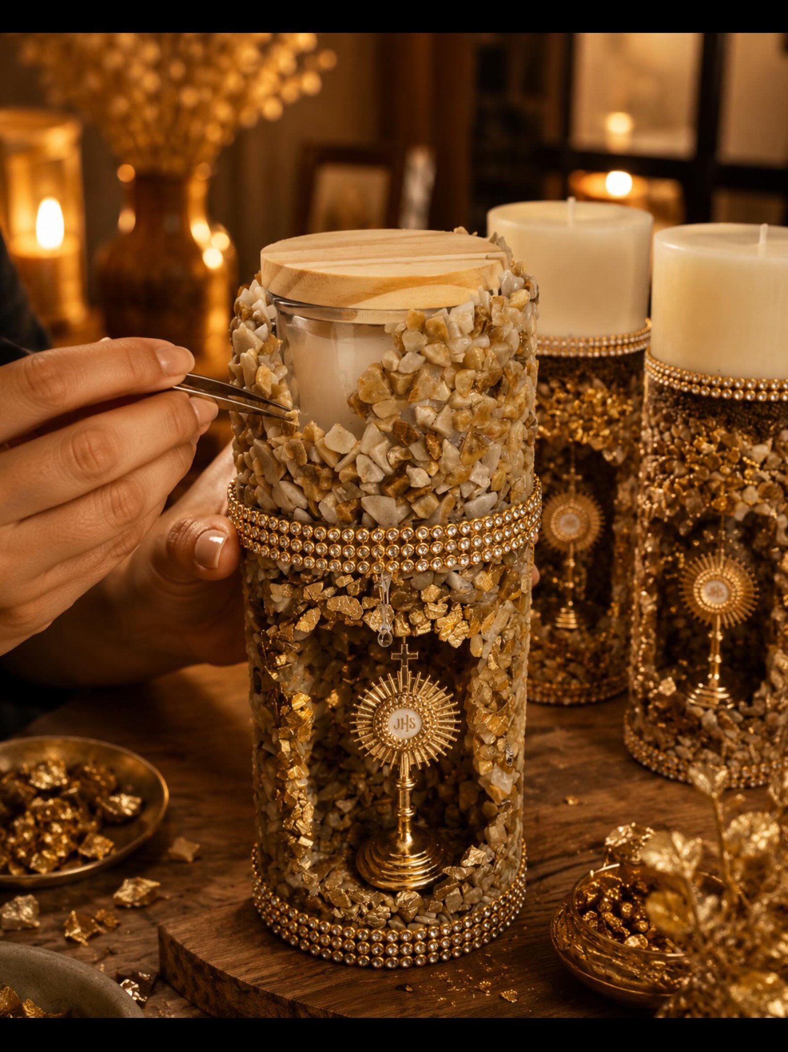 Artesã produzindo velas à mão com pinça e ornamentos dourados