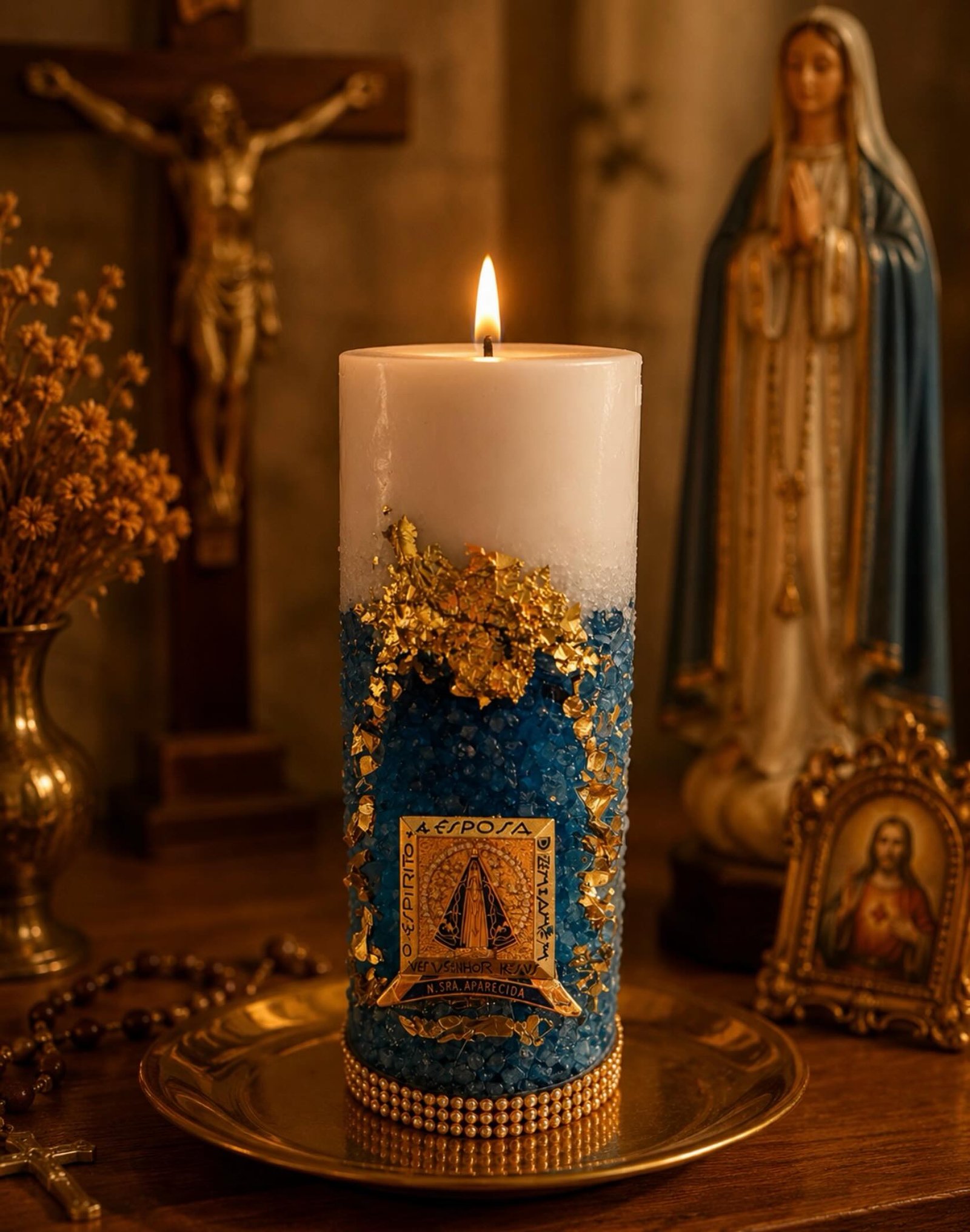 Vela artesanal de Nossa Senhora Aparecida com pedras azuis e folhas de ouro, acesa em oratório