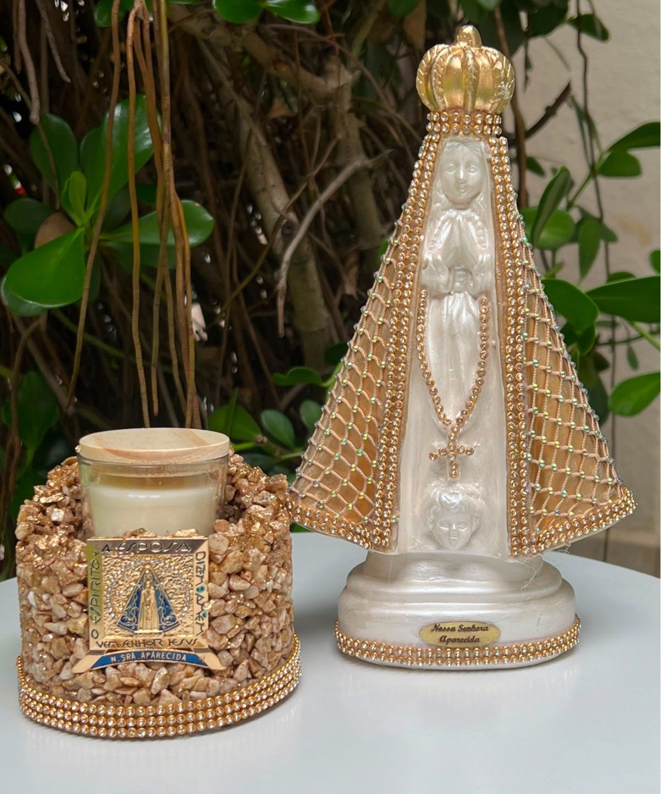 Kit Nossa Senhora Aparecida com velas e acessórios artesanais