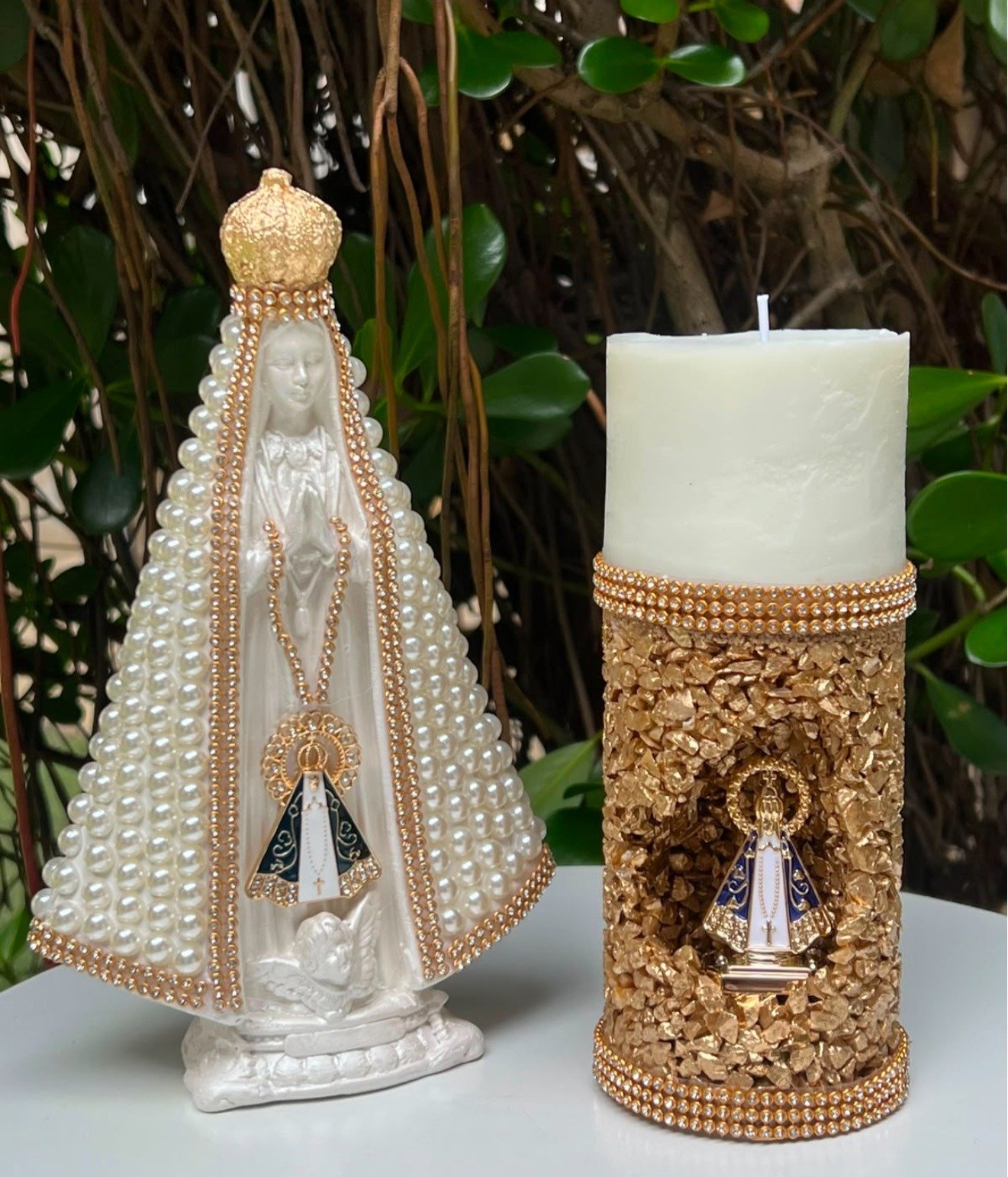Kit Nossa Senhora Aparecida com vela oratória artesanal dourada