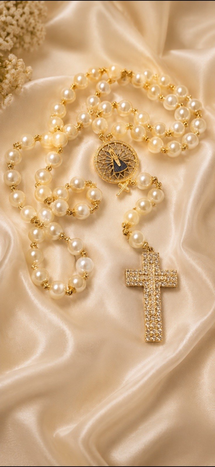Terço de noiva com pérolas e crucifixo dourado cravejado